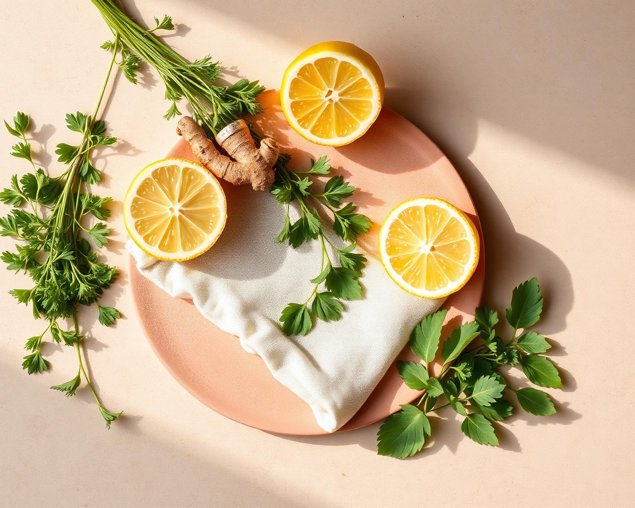 Fresh herbs, lemon and ginger on a soft clay plate